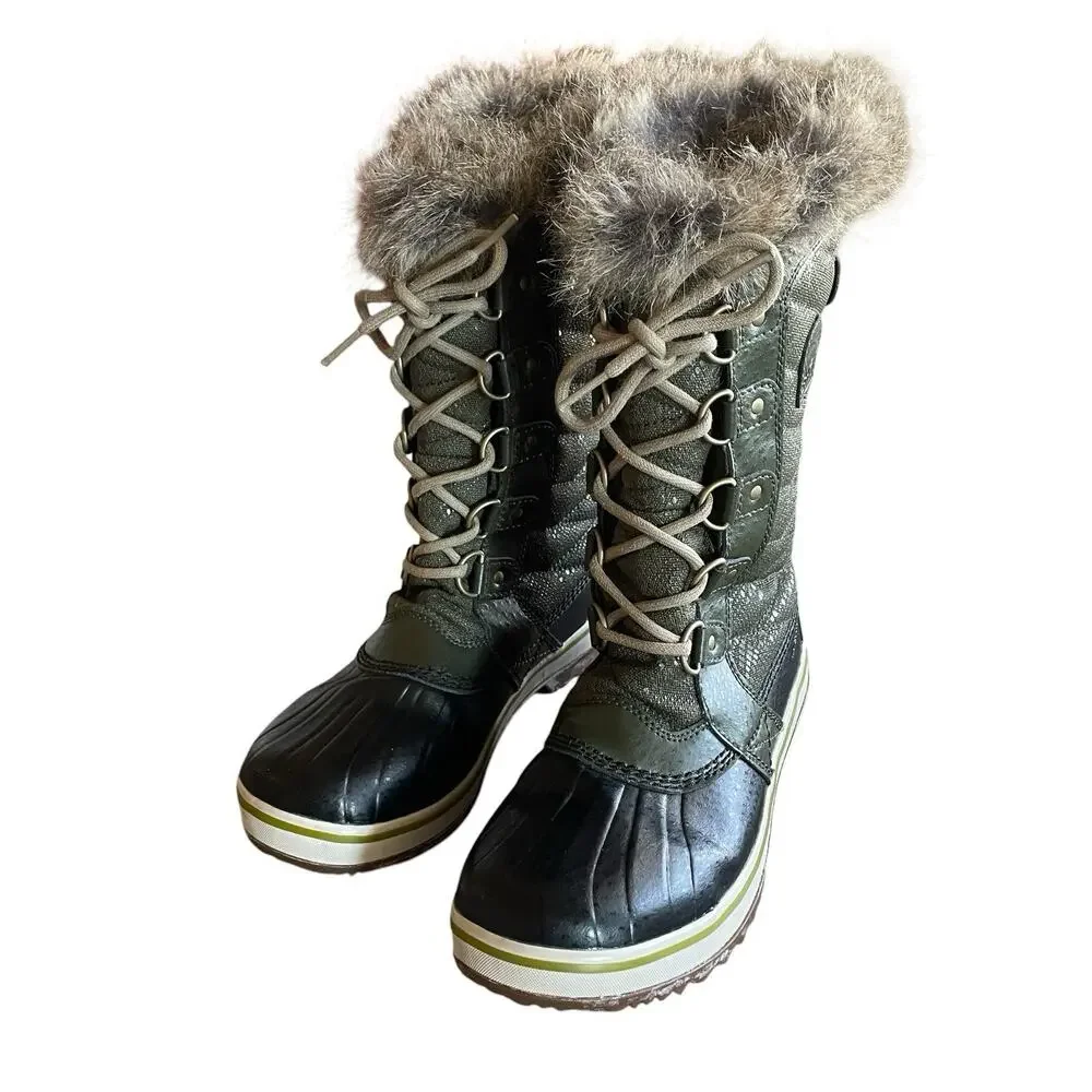 SOREL Size 4/EU 35 Green Lace-Up Faux Fur Waterproof Duck Boots Youth LY1890-213